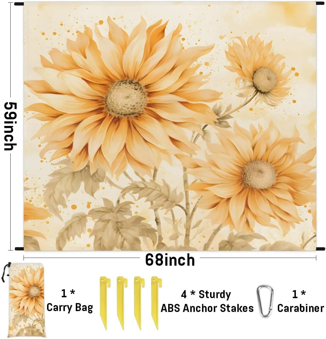 Farm Sunflower Beach Blanket, Sandproof Beach Mat, 68 x 59 Waterproof Quick Drying Sand Free Mat with 4 x Ground Spikes for Outdoor Travel Camping Hiking, Wild Flower