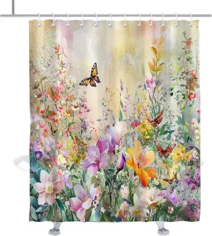 Farmhouse Floral Shower Curtain with Butterflies and Leaves Flowers Shower Curtains for Bathroom Watercolor Plant Flower Fabric Bath Curtain with Hooks 72" W × 84" H