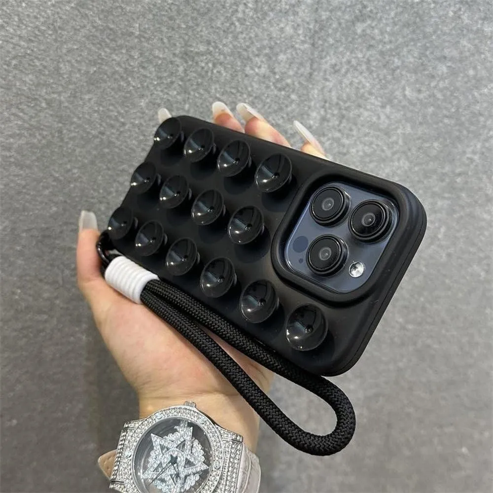 Fashion Cute Candy Liquid Silicone Suction Cup with Wrist Strap Case for iPhone 15 14 11 12 13 16 Pro Max Plus Solid Color Cover,Black,for iPhone 13ProMax