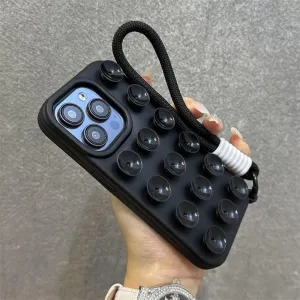 Fashion Cute Candy Liquid Silicone Suction Cup with Wrist Strap Case for iPhone 15 14 11 12 13 16 Pro Max Plus Solid Color Cover,Black,for iPhone 13ProMax