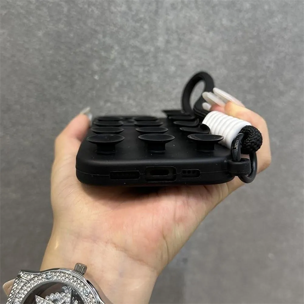 Fashion Cute Candy Liquid Silicone Suction Cup with Wrist Strap Case for iPhone 15 14 11 12 13 16 Pro Max Plus Solid Color Cover,Black,for iPhone 13ProMax