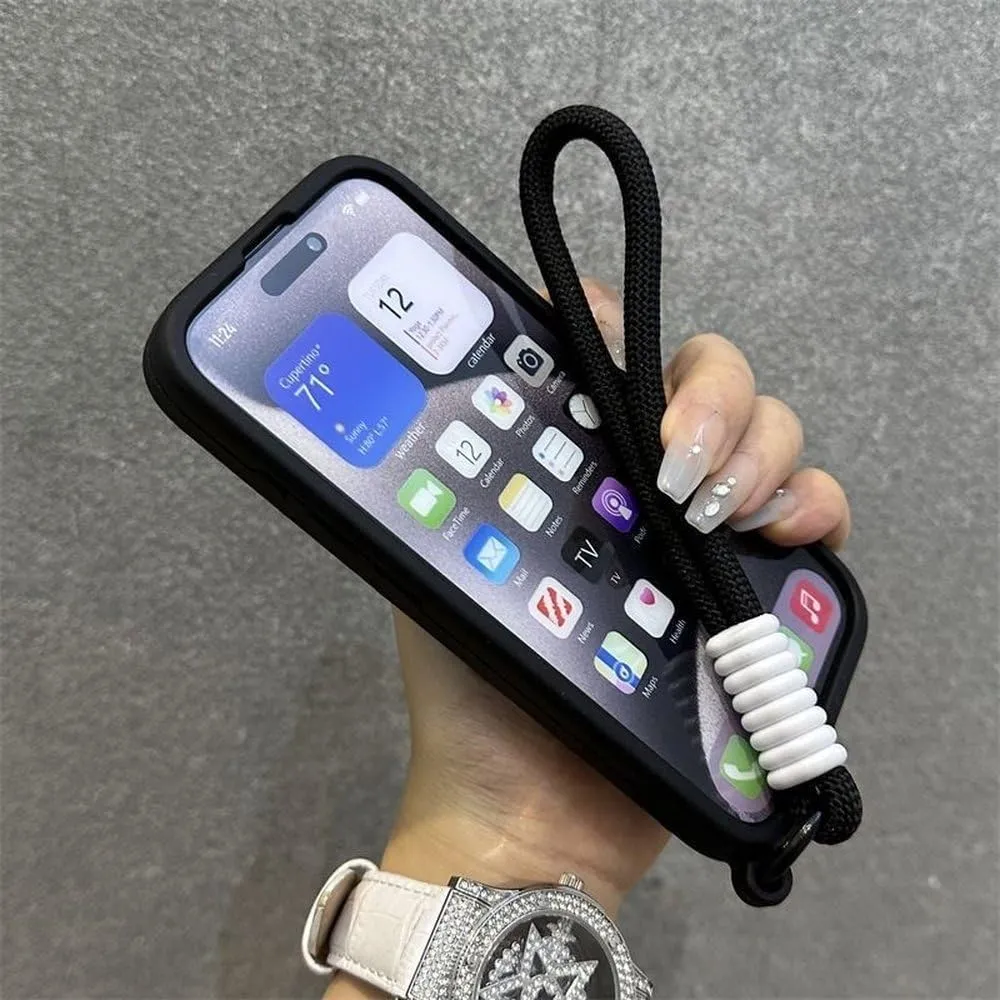 Fashion Cute Candy Liquid Silicone Suction Cup with Wrist Strap Case for iPhone 15 14 11 12 13 16 Pro Max Plus Solid Color Cover,Black,for iPhone 13ProMax