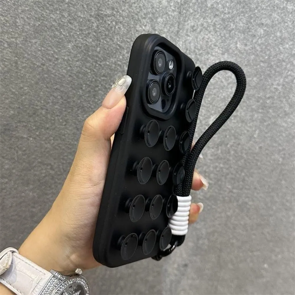 Fashion Cute Candy Liquid Silicone Suction Cup with Wrist Strap Case for iPhone 15 14 11 12 13 16 Pro Max Plus Solid Color Cover,Black,for iPhone 13ProMax