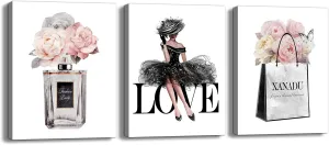 Fashion Women Canvas Wall Art for Bedroom Wall Decor Pink Flower Watercolor Art Perfume Handbag Love Life Prints Pictures for Pink Bathroom Women Girl Room Décor Ready to Hang (12"x16"x3pcs)…