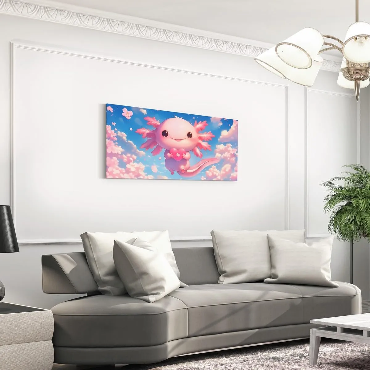 Feelyou Kids Cute Axolotl Prints Wall Paintings Sealife Posters Pictures Bathroom Wall Decor Cartoon Salamander Canvas Wall Art for Living Room Bedroom Girls Cherry Blossoms Large Artwork 38" x 19"