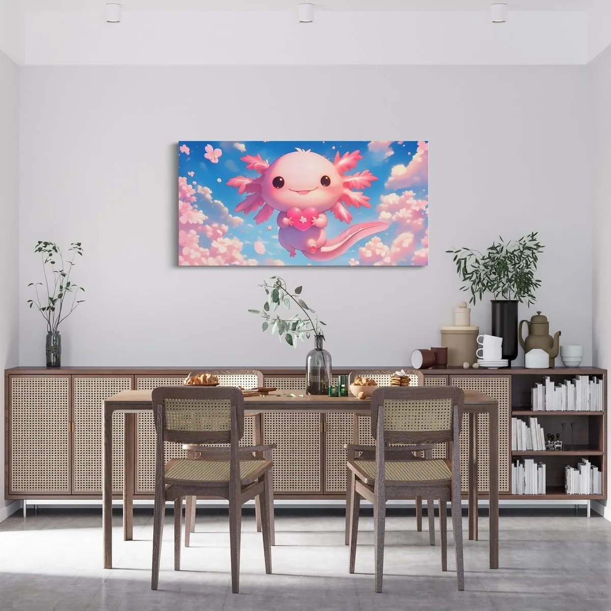 Feelyou Kids Cute Axolotl Prints Wall Paintings Sealife Posters Pictures Bathroom Wall Decor Cartoon Salamander Canvas Wall Art for Living Room Bedroom Girls Cherry Blossoms Large Artwork 38" x 19"