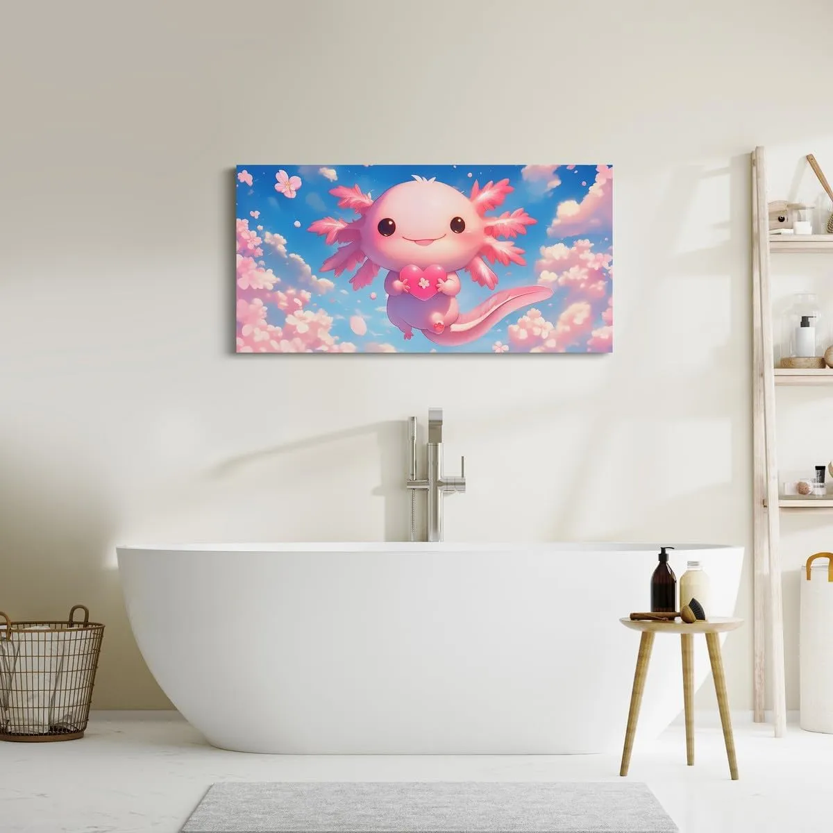 Feelyou Kids Cute Axolotl Prints Wall Paintings Sealife Posters Pictures Bathroom Wall Decor Cartoon Salamander Canvas Wall Art for Living Room Bedroom Girls Cherry Blossoms Large Artwork 38" x 19"