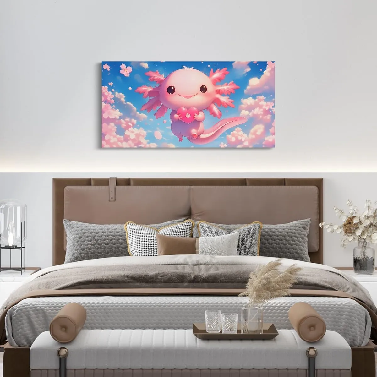 Feelyou Kids Cute Axolotl Prints Wall Paintings Sealife Posters Pictures Bathroom Wall Decor Cartoon Salamander Canvas Wall Art for Living Room Bedroom Girls Cherry Blossoms Large Artwork 38" x 19"