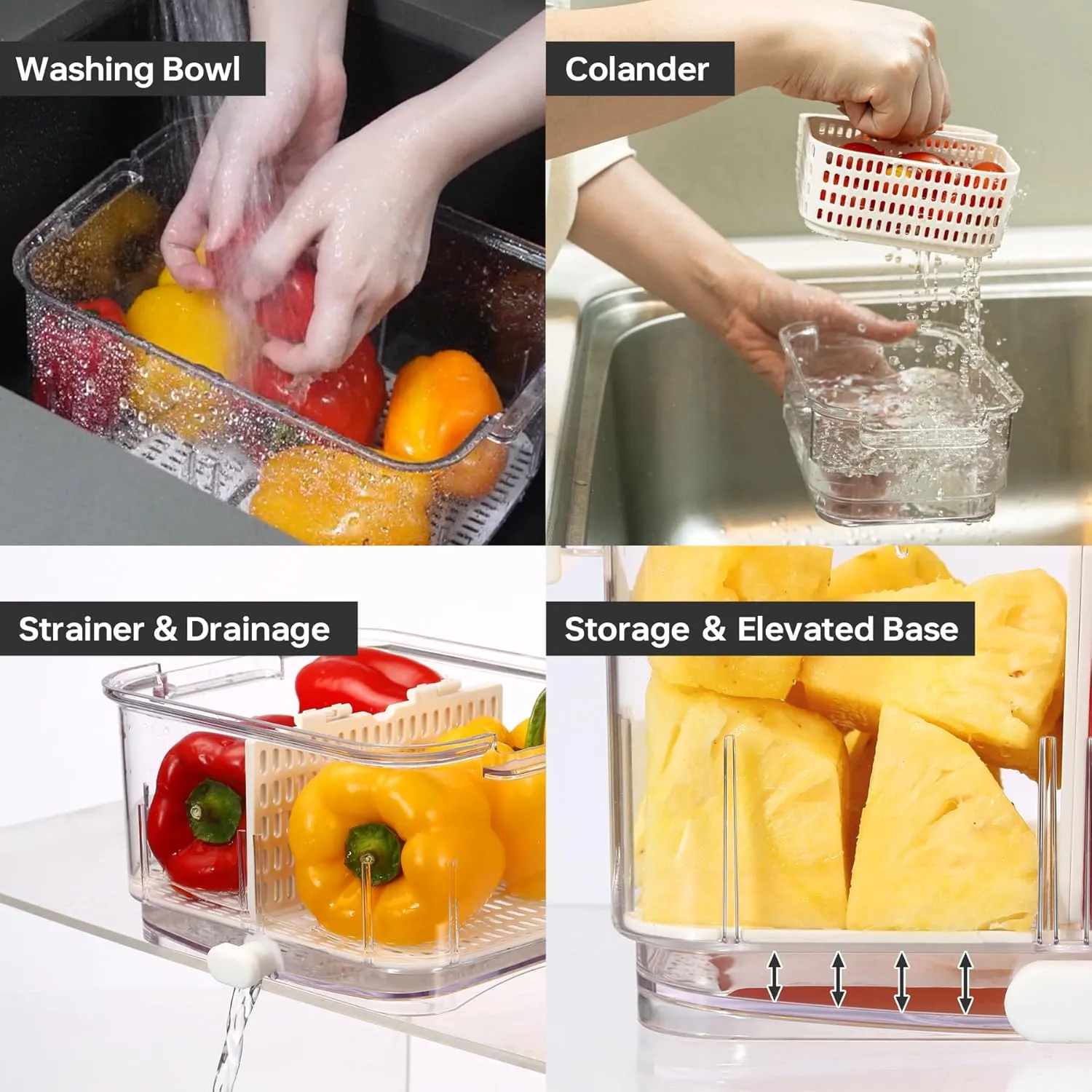 Felli Duo Fresh Produce Saver, ALL IN ONE Veggie Fruit Basket for Fridge with Vent & Drain, Colander Strainer Tray, Kitchen Refrigerator Washing Bin for Berry Vegetable Storage Container, Gifts