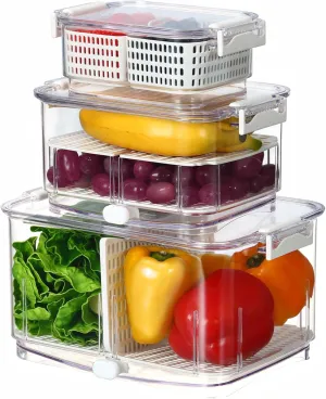Felli Duo Fresh Produce Saver, ALL IN ONE Veggie Fruit Basket for Fridge with Vent & Drain, Colander Strainer Tray, Kitchen Refrigerator Washing Bin for Berry Vegetable Storage Container, Gifts