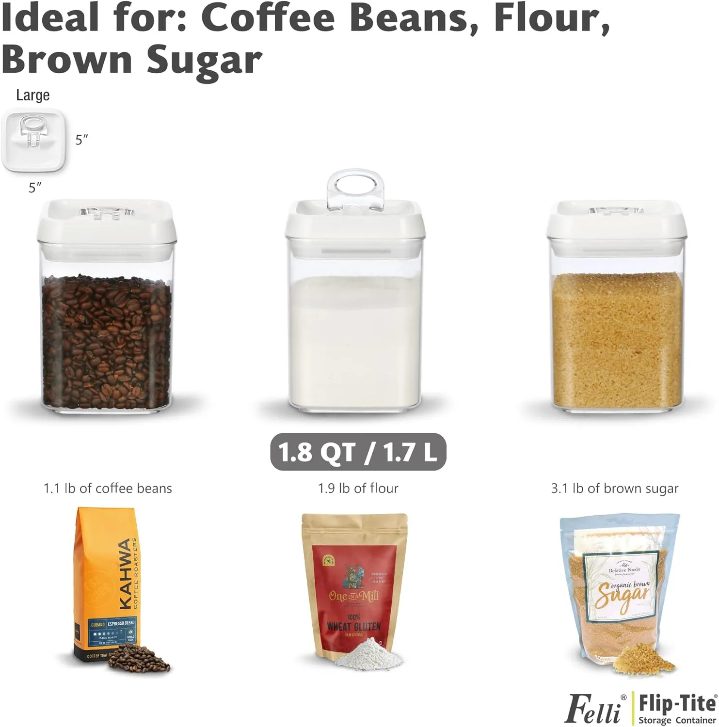 Felli Flip Tite Food Storage Containers With Lid 5" LARGE Airtight Ring Lock Flip Top, Square Acrylic Canister Jar for Rice Sugar Flour Protein Powder, Kitchen Pantry Organizer, Gift Set (1.8qt)