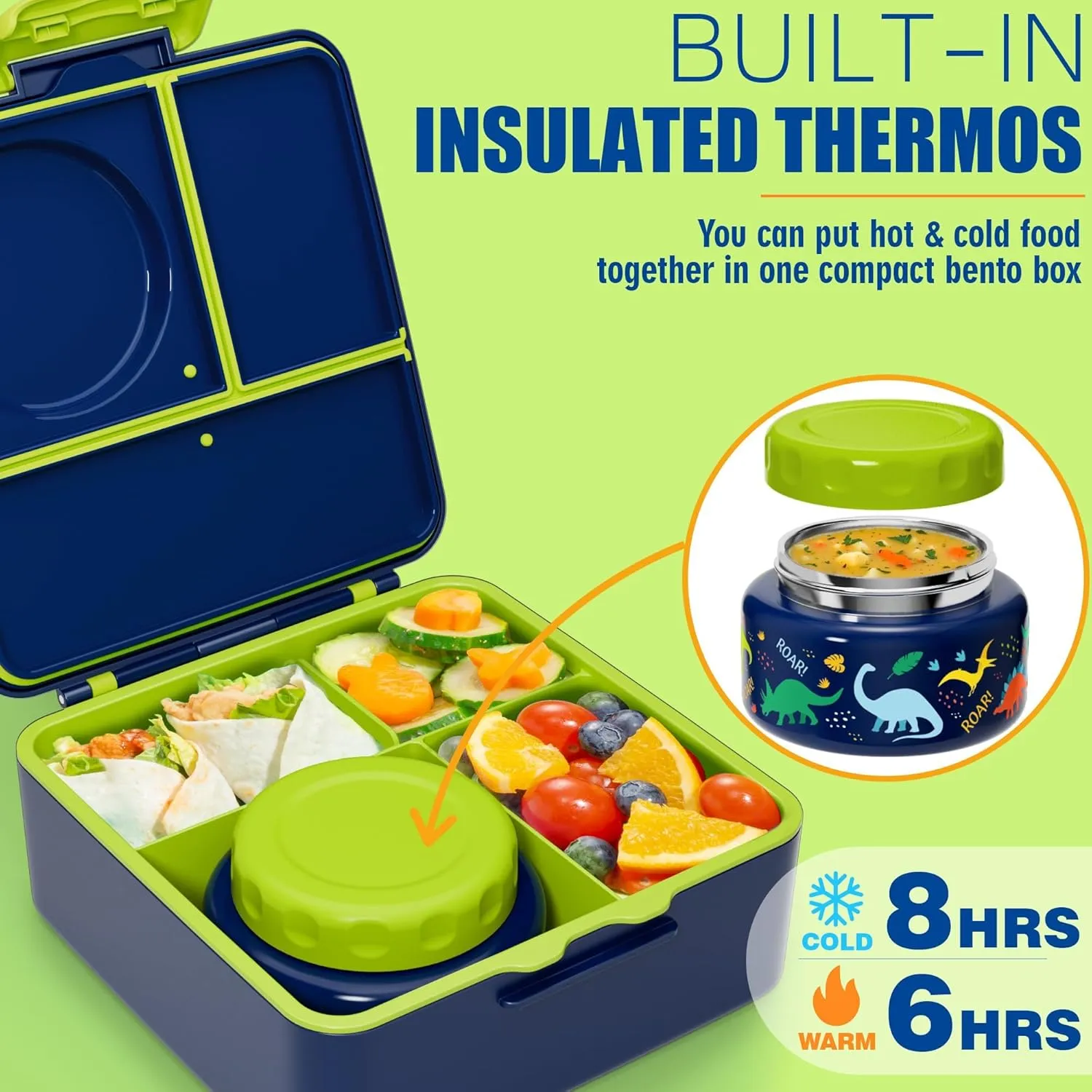 Fimibuke Kids Bento Lunch Box with Thermos, Leakproof Toddler Bento Box with 8.5 OZ Insulated Food Jar, Lunch Bag & Utensils BPA Free Dishwasher Safe 3 or 4 Compartment Container for School Girls Boys