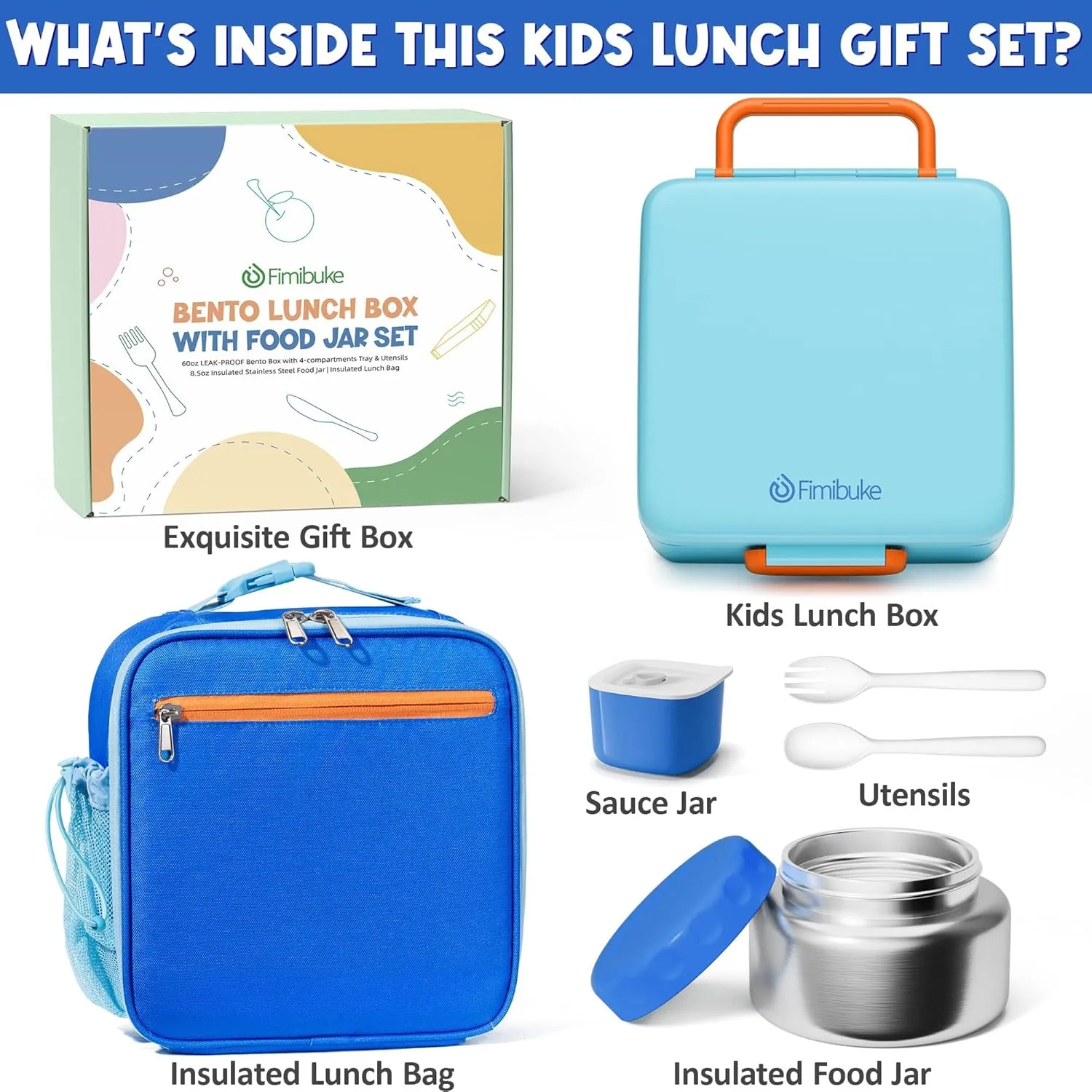 Fimibuke Kids Bento Lunch Box with Thermos, Leakproof Toddler Bento Box with 8.5 OZ Insulated Food Jar, Lunch Bag & Utensils BPA Free Dishwasher Safe 3 or 4 Compartment Container for School Girls Boys
