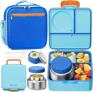 Fimibuke Kids Bento Lunch Box with Thermos, Leakproof Toddler Bento Box with 8.5 OZ Insulated Food Jar, Lunch Bag & Utensils BPA Free Dishwasher Safe 3 or 4 Compartment Container for School Girls Boys
