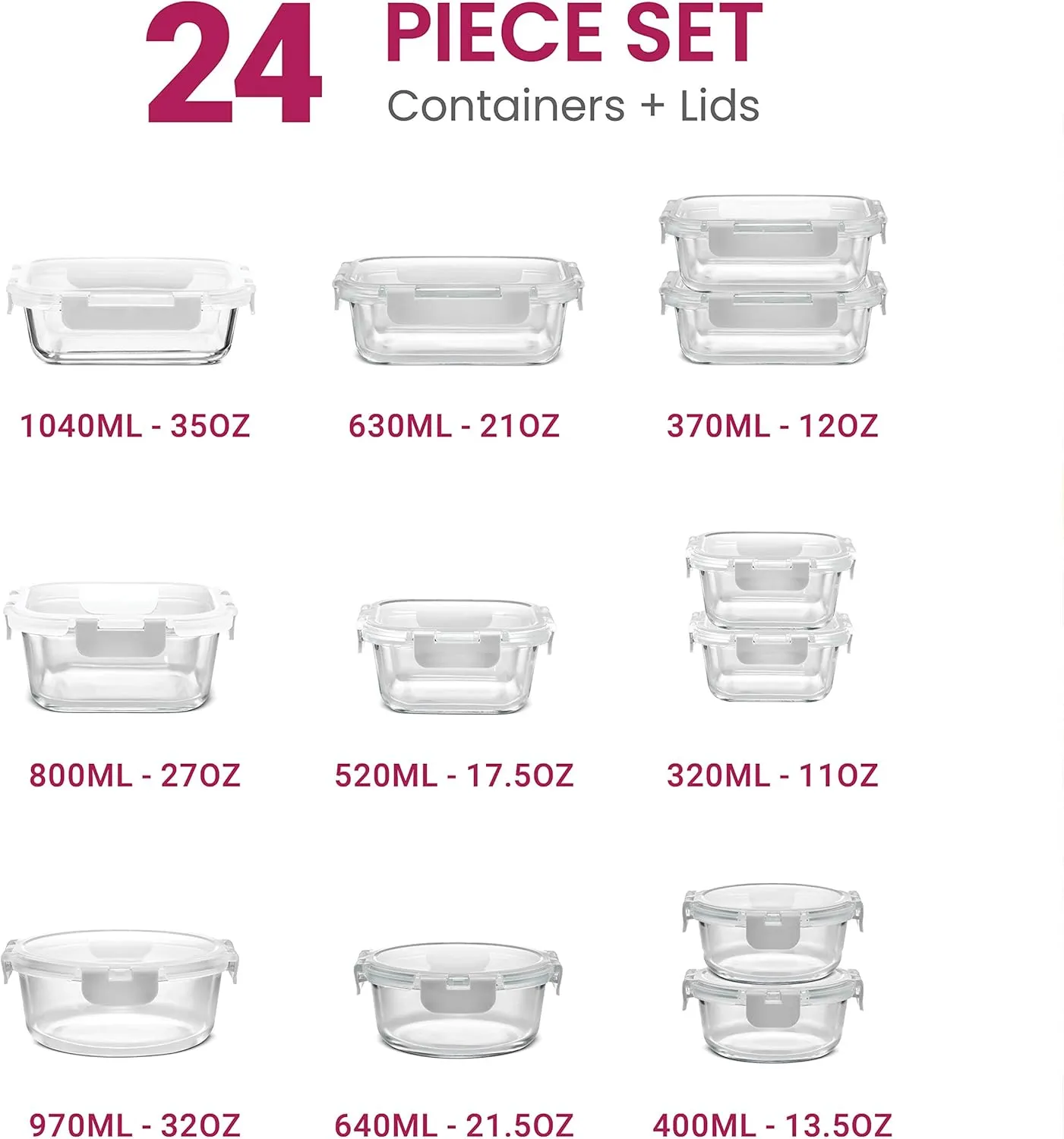 FineDine 24 Piece Glass Storage Containers with Lids - Leak Proof, Dishwasher Safe Glass Food Storage Containers for Meal Prep or Leftovers, White