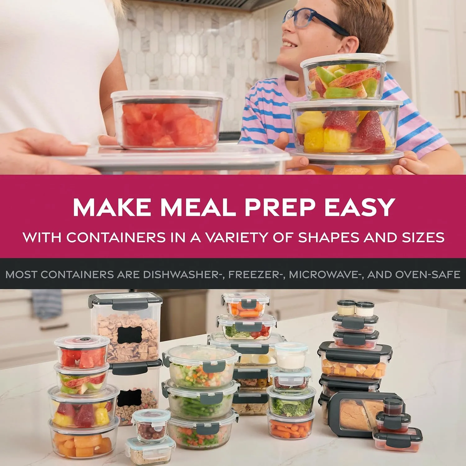 FineDine 24 Piece Glass Storage Containers with Lids - Leak Proof, Dishwasher Safe Glass Food Storage Containers for Meal Prep or Leftovers, White
