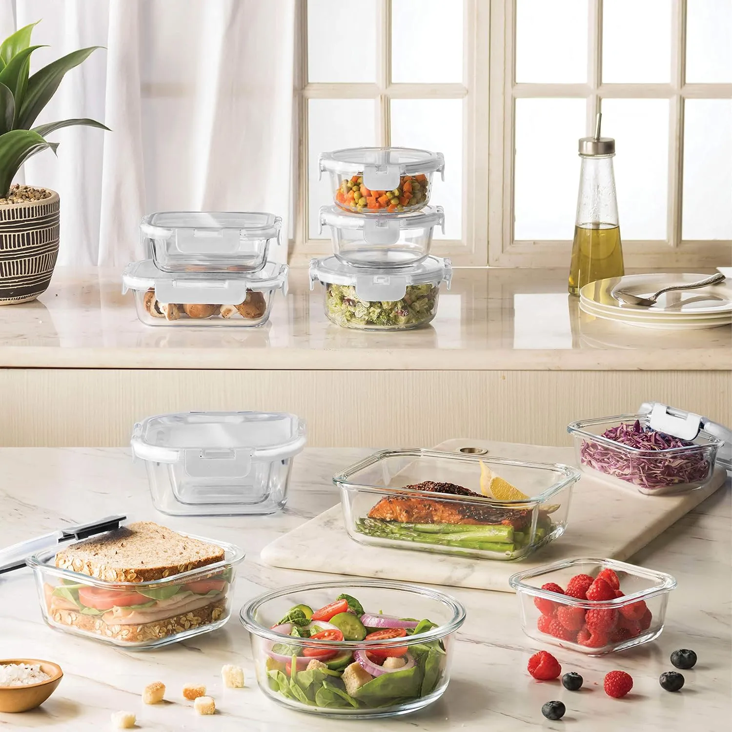 FineDine 24 Piece Glass Storage Containers with Lids - Leak Proof, Dishwasher Safe Glass Food Storage Containers for Meal Prep or Leftovers, White