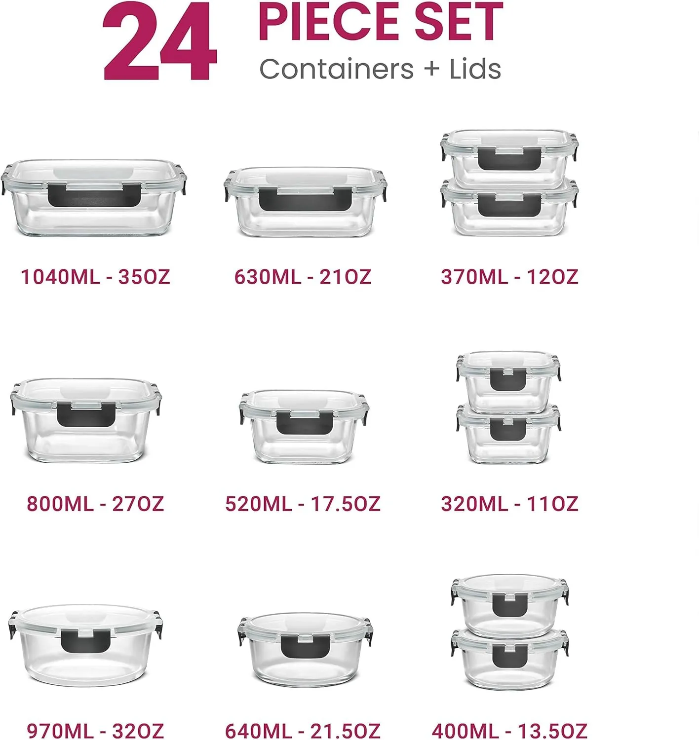 FineDine Glass Storage Containers with Lids - Leak Proof, Dishwasher Safe Glass Food Storage Containers for Meal Prep or Leftovers (Black, 24 Piece)