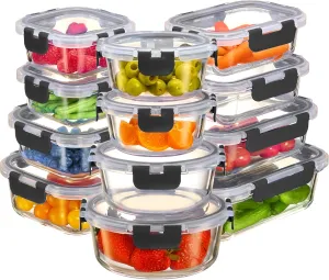 FineDine Glass Storage Containers with Lids - Leak Proof, Dishwasher Safe Glass Food Storage Containers for Meal Prep or Leftovers (Black, 24 Piece)