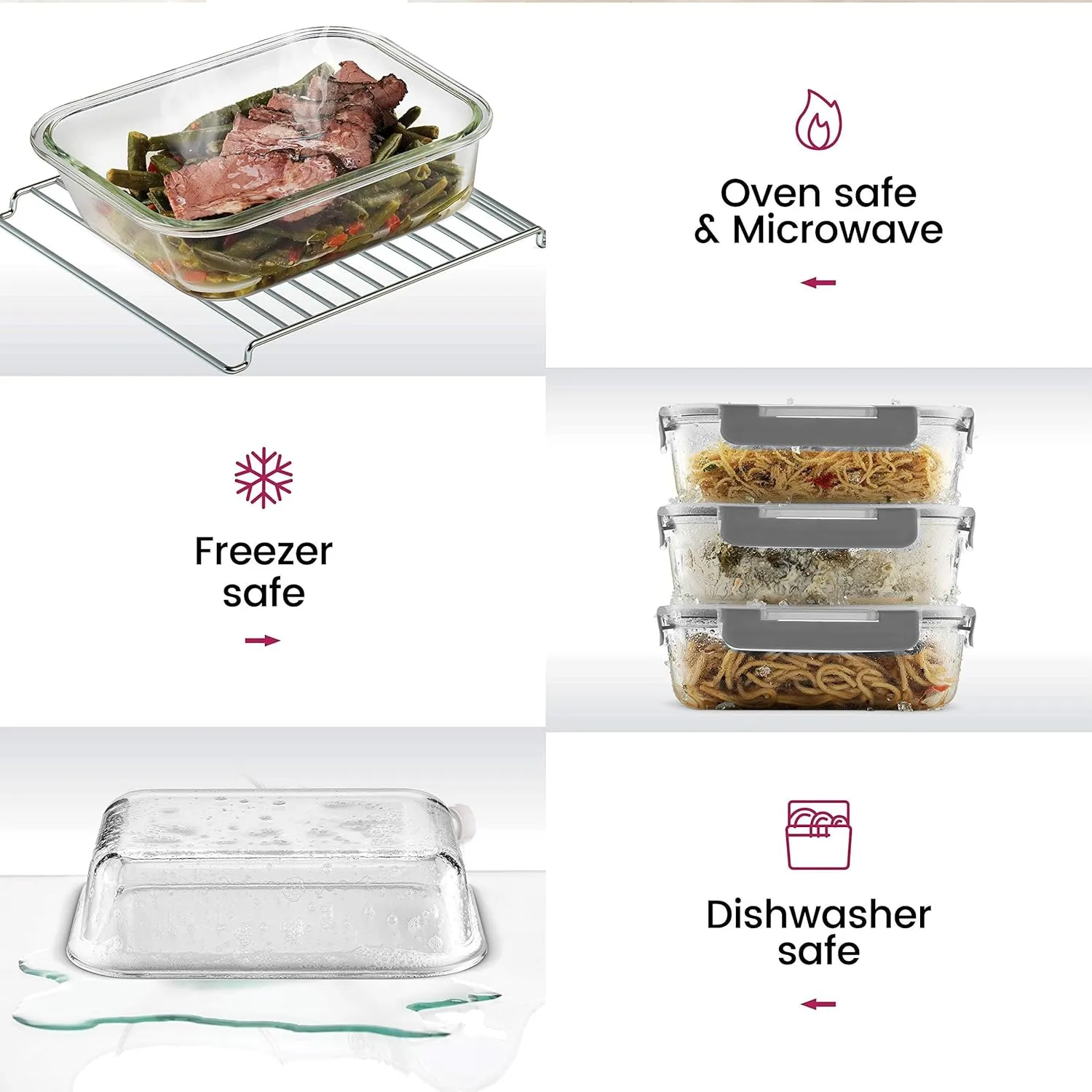 FineDine Glass Storage Containers with Lids - Leak Proof, Dishwasher Safe Glass Food Storage Containers for Meal Prep or Leftovers (Black, 24 Piece)