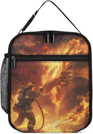 Firefighter Fighting Against Flames Dragon Insulated Lunch Bag Leakproof Insulated Cooler Bag with Handbags Side Pocket for Adults
