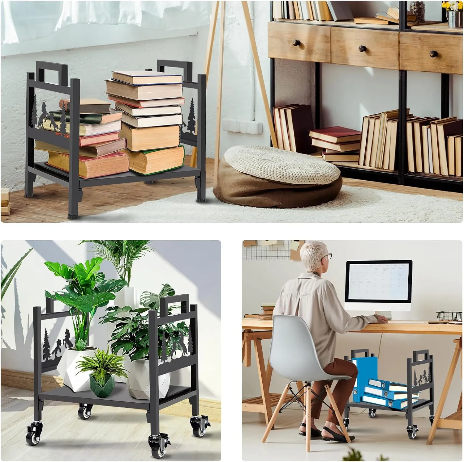 Firewood Racks Indoor Small, Firewood Holder with Wheels, Decorative Wood Storage for Fireplace, Heavy Duty Metal Wood Racks, Up-Loaded to 100lb, Black