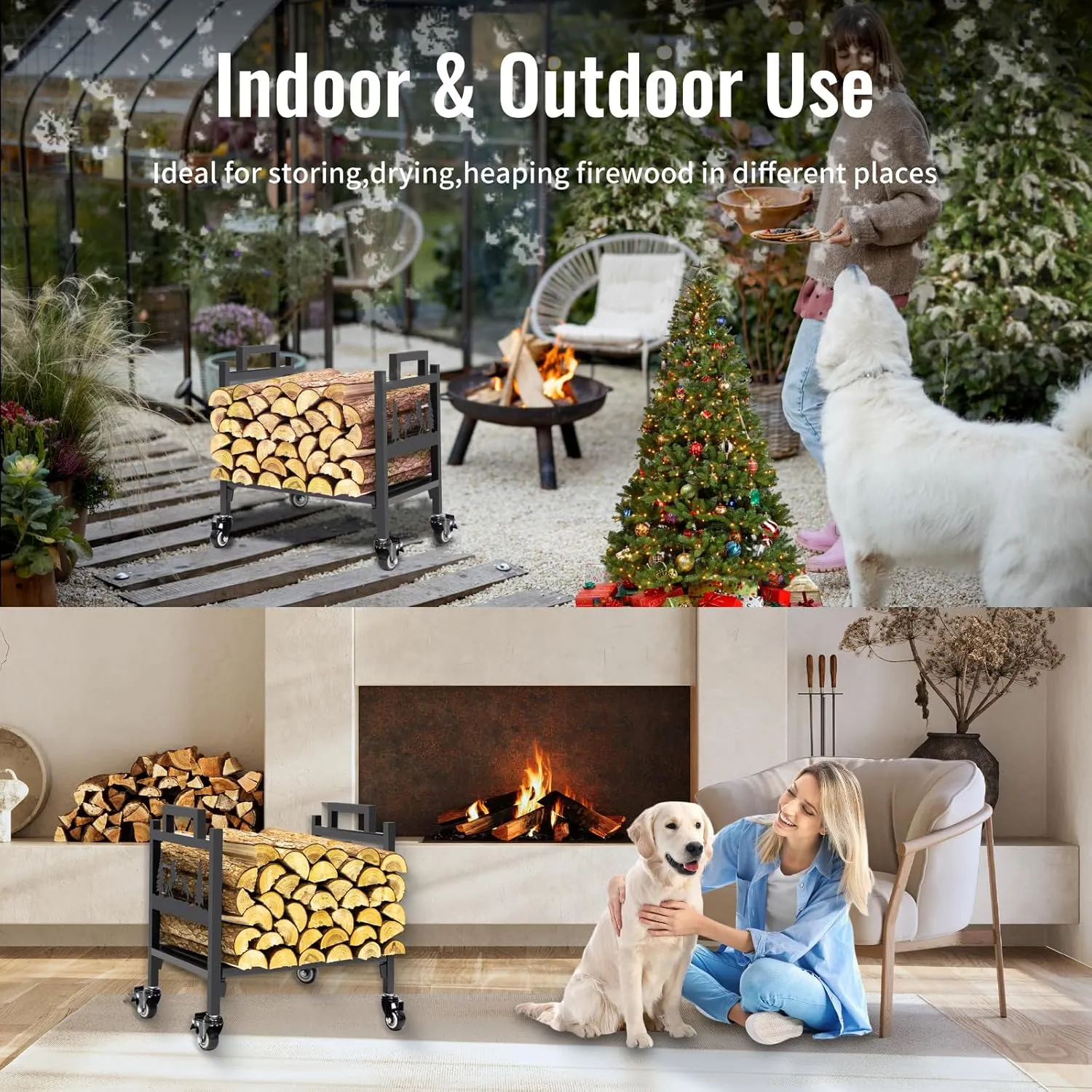 Firewood Racks Indoor Small, Firewood Holder with Wheels, Decorative Wood Storage for Fireplace, Heavy Duty Metal Wood Racks, Up-Loaded to 100lb, Black