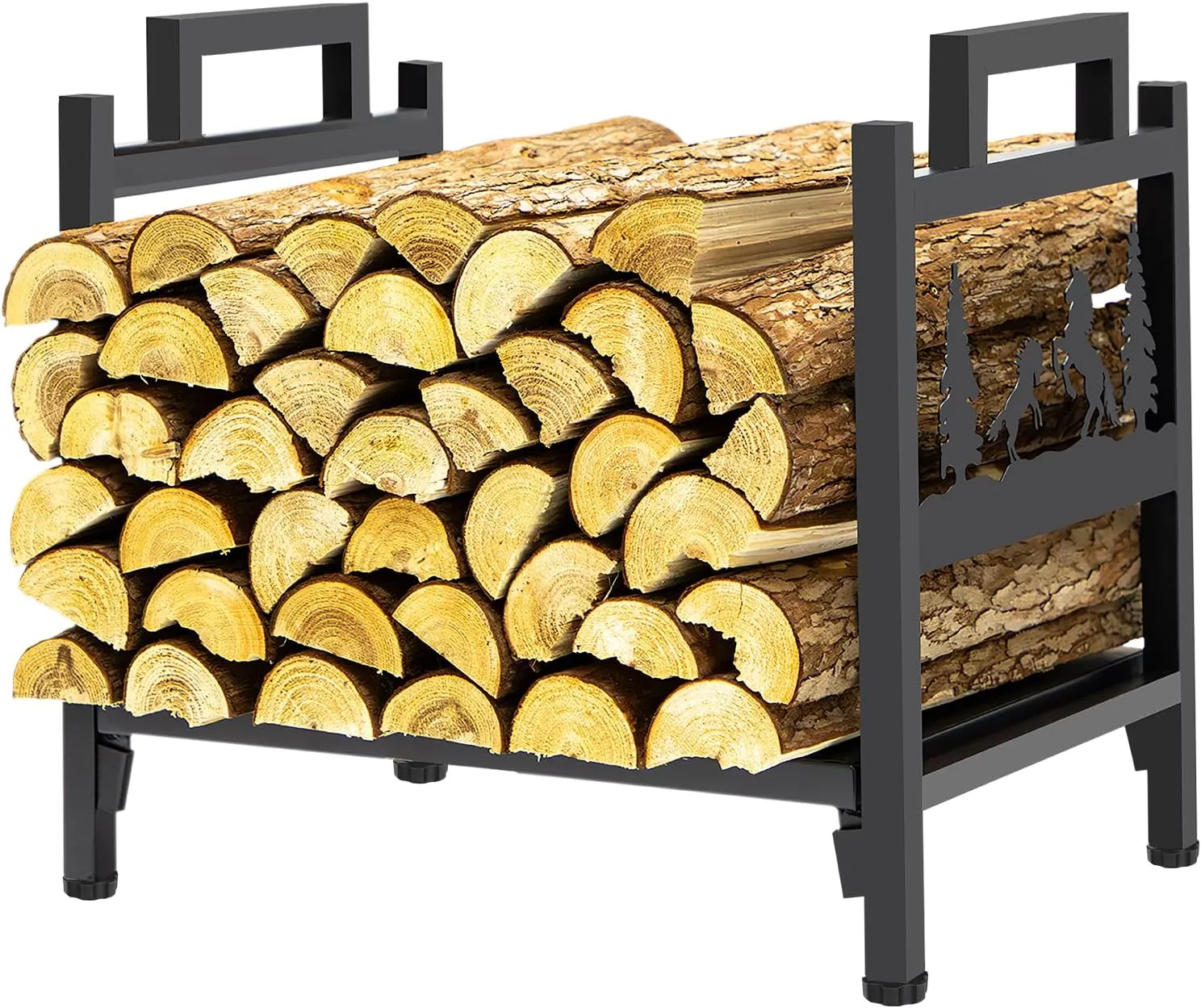 Firewood Racks Indoor Small, Firewood Holder with Wheels, Decorative Wood Storage for Fireplace, Heavy Duty Metal Wood Racks, Up-Loaded to 100lb, Black