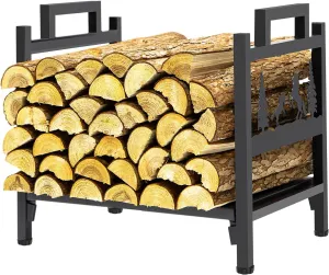 Firewood Racks Indoor Small, Firewood Holder with Wheels, Decorative Wood Storage for Fireplace, Heavy Duty Metal Wood Racks, Up-Loaded to 100lb, Black