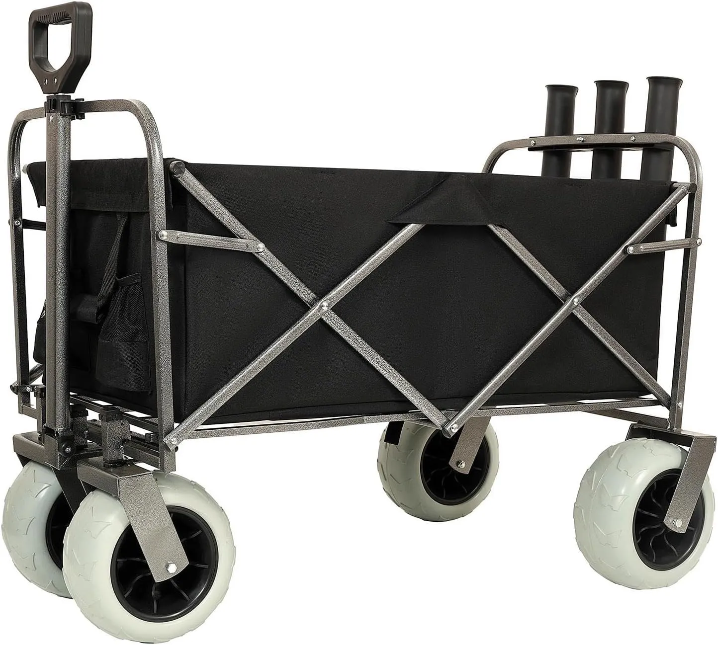 Fishing Cart with Rod Holders, 500lbs Collapsible Foldable Wagon Cart w/9'' All-Terrain Wheels for Sand, Utility Wagon Cart Heavy Duty Garden Carts with 3 Pcs Waterproof Cover,Black