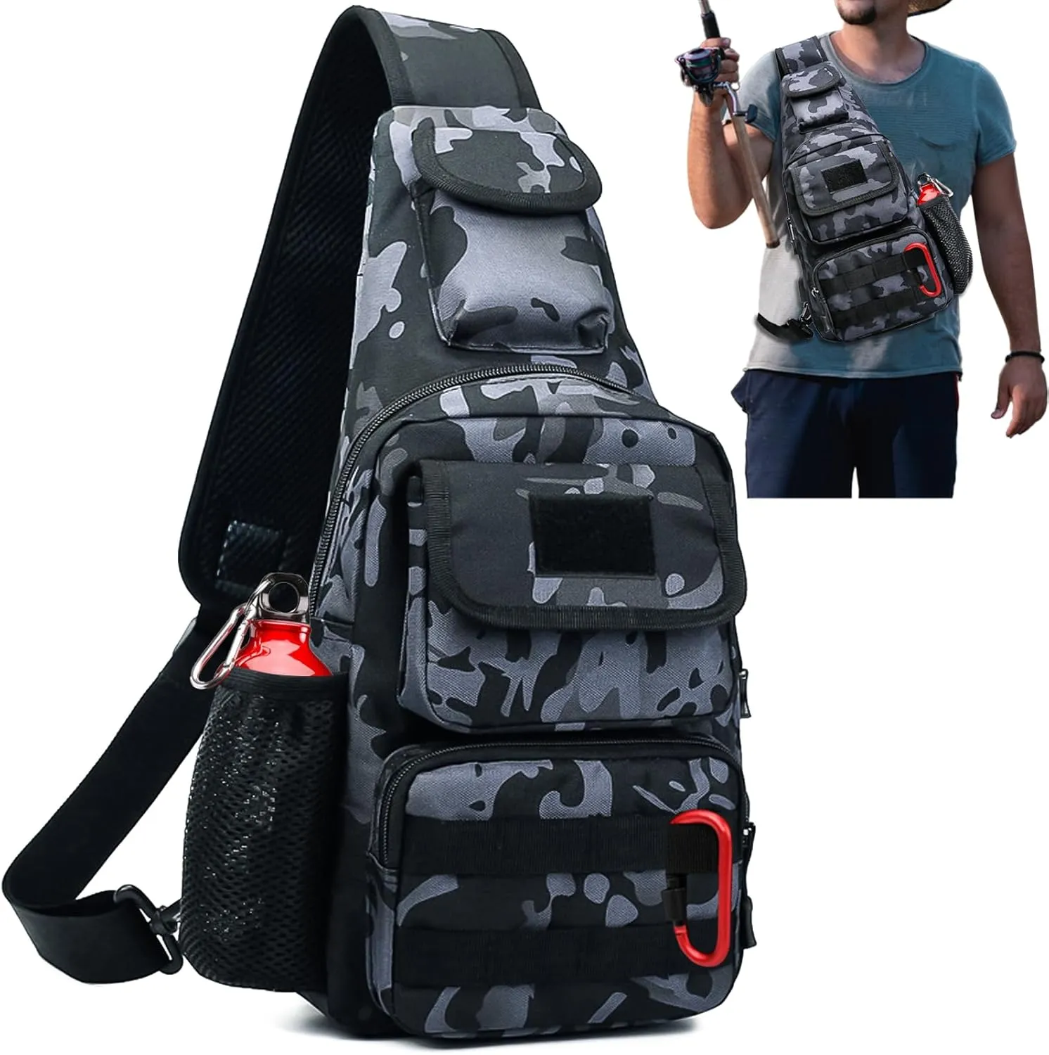 Fishing Tackle Sling Bags Small Chest Bag with Earphone Hole and USB Charging Port, Weatherproof Shoulder Crossbody Backpack for Fly Fishing, Camping, Hiking, Outdoor Sports