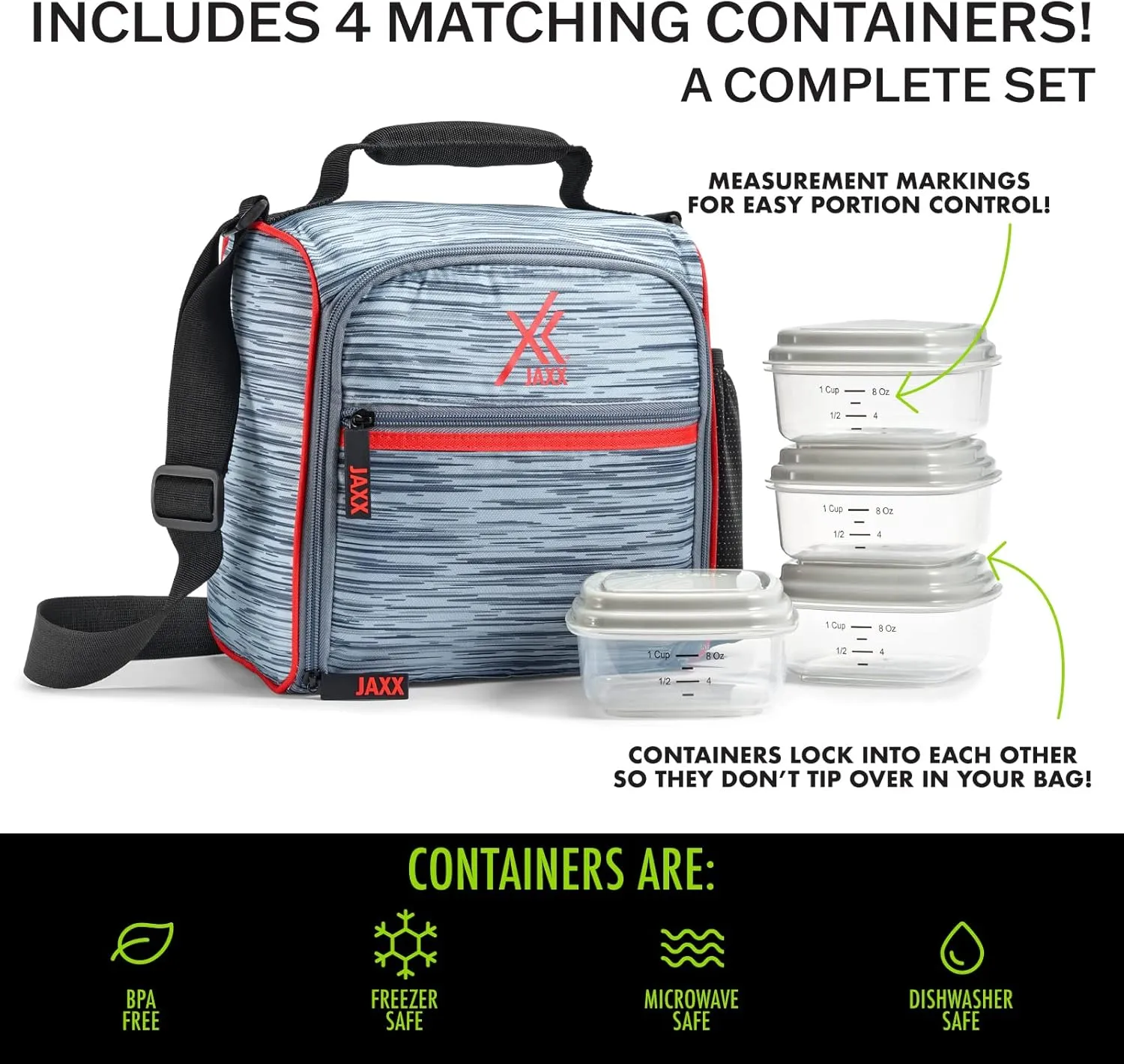 Fit & Fresh JAXX Meal Prep Lunch Box With Container For Men and Women, 5pc. Meal Prep Kit Lunch Bag With Containers Included