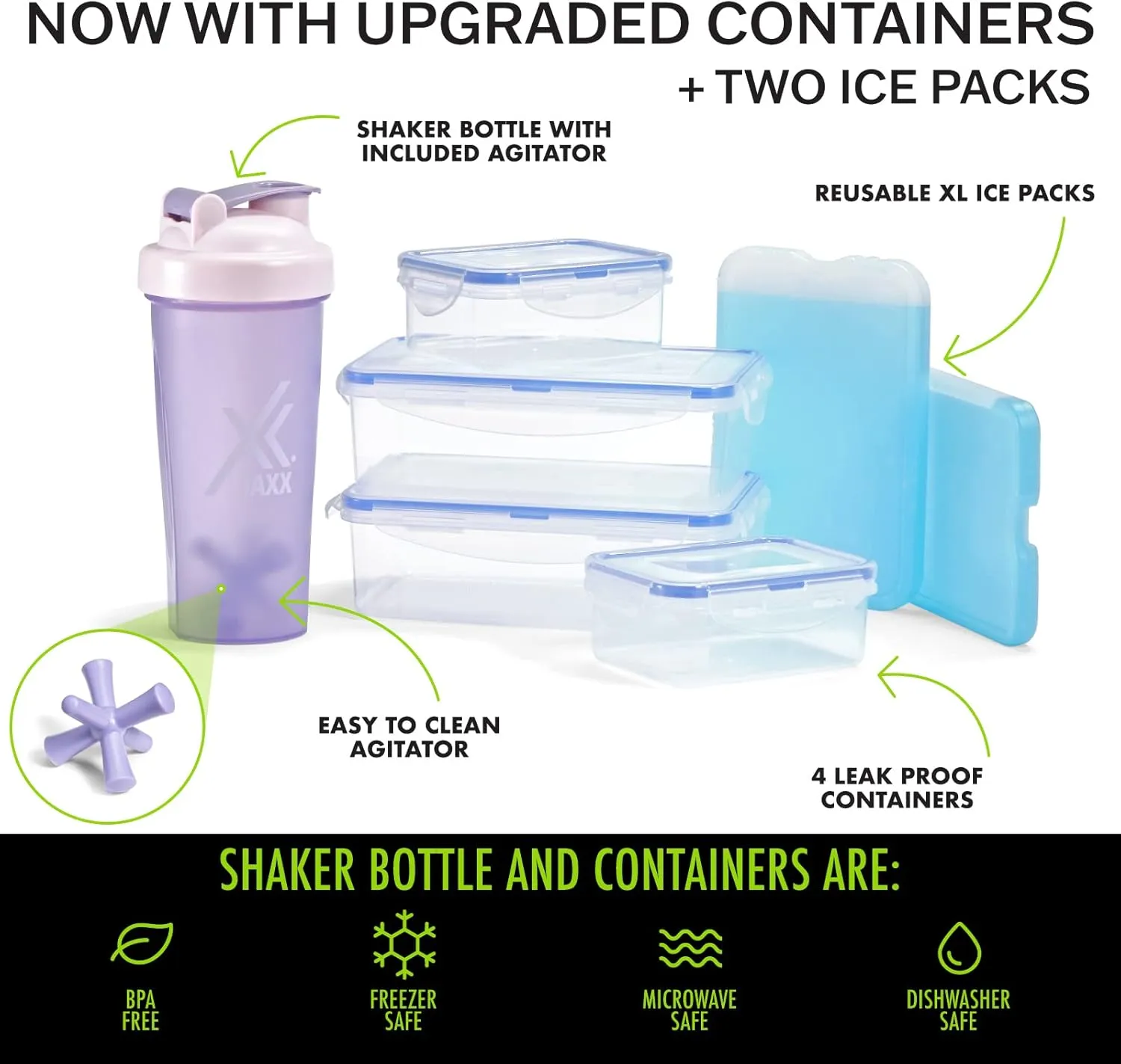 Fit & Fresh JAXX Meal Prep Lunch Box With Containers, Ice Pack, and Shaker Bottle For Men and Women, 9pc. Meal Prep Kit Lunch Bag With Containers Included