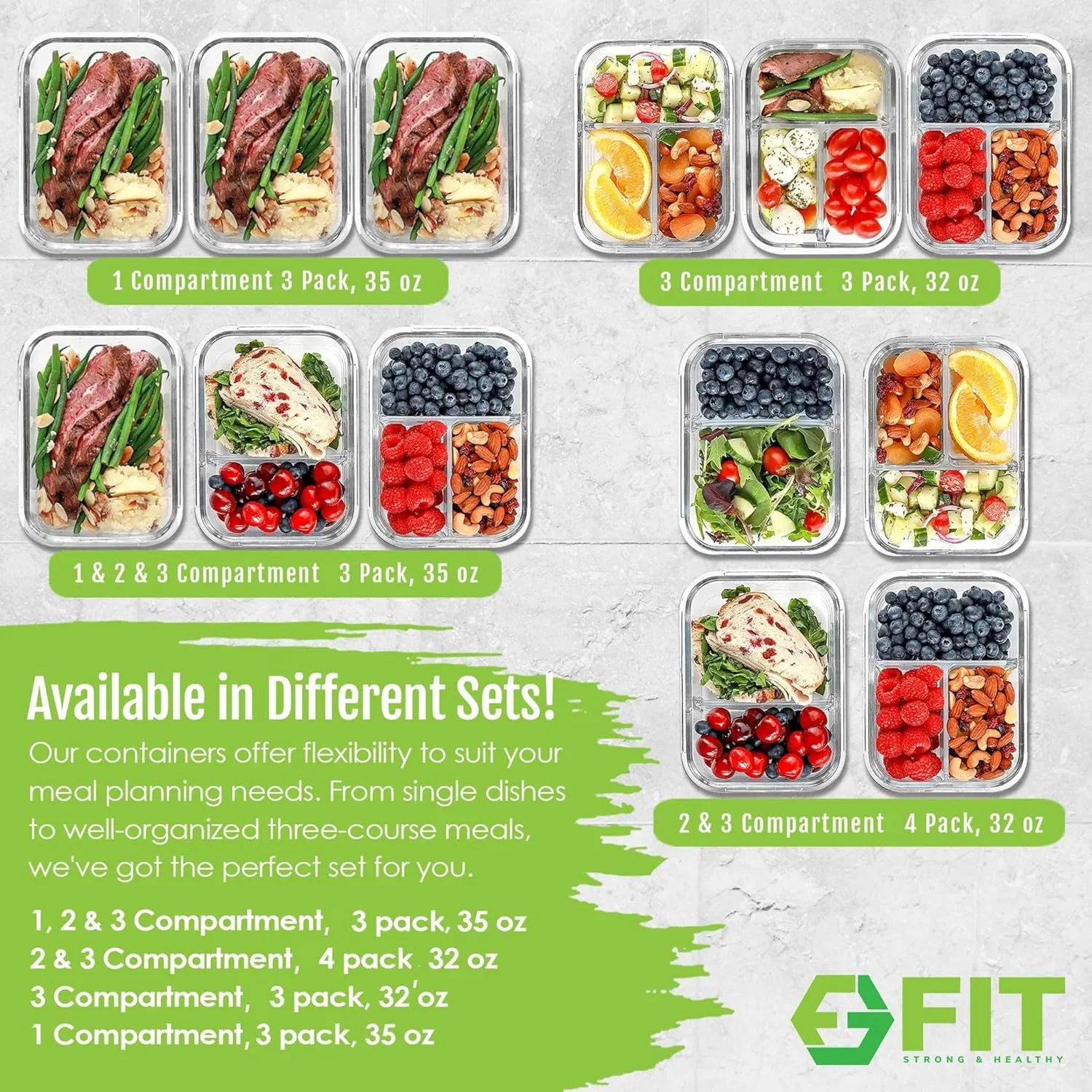 FIT Strong & Healthy 2 & 3 Compartment Glass Meal Prep Containers – Glass Bento Box for Adults, Portion Control, Food Storage, Lunch Container, Oven & Freezer Safe, Leak-Proof, 32 oz, Lavender, 4 Pack