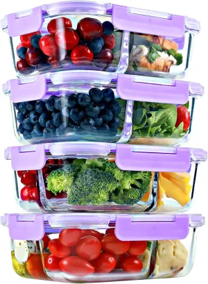 FIT Strong & Healthy 2 & 3 Compartment Glass Meal Prep Containers – Glass Bento Box for Adults, Portion Control, Food Storage, Lunch Container, Oven & Freezer Safe, Leak-Proof, 32 oz, Lavender, 4 Pack