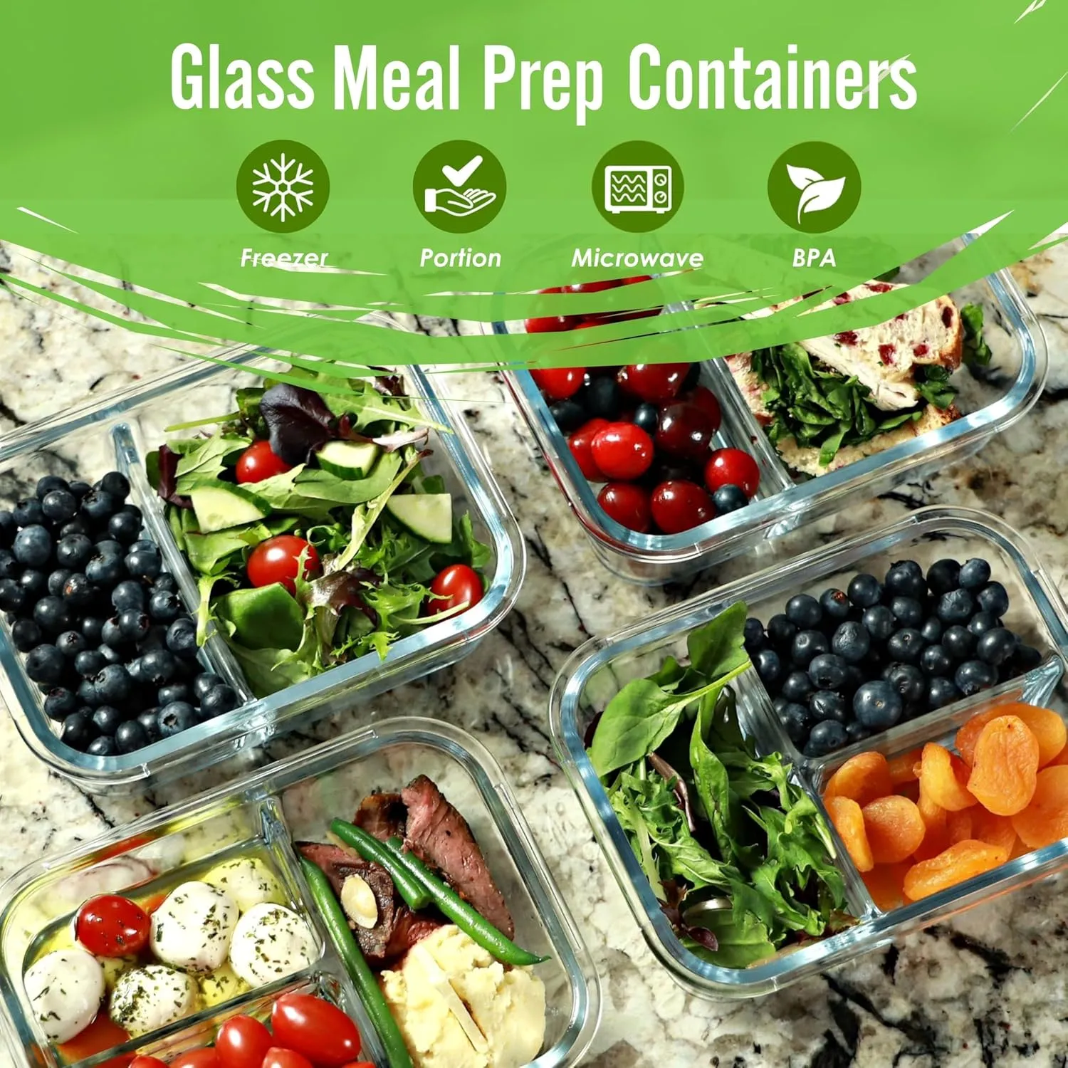 FIT Strong & Healthy 2 & 3 Compartment Glass Meal Prep Containers – Glass Bento Box for Adults, Portion Control, Food Storage, Lunch Container, Oven & Freezer Safe, Leak-Proof, 32 oz, Lavender, 4 Pack
