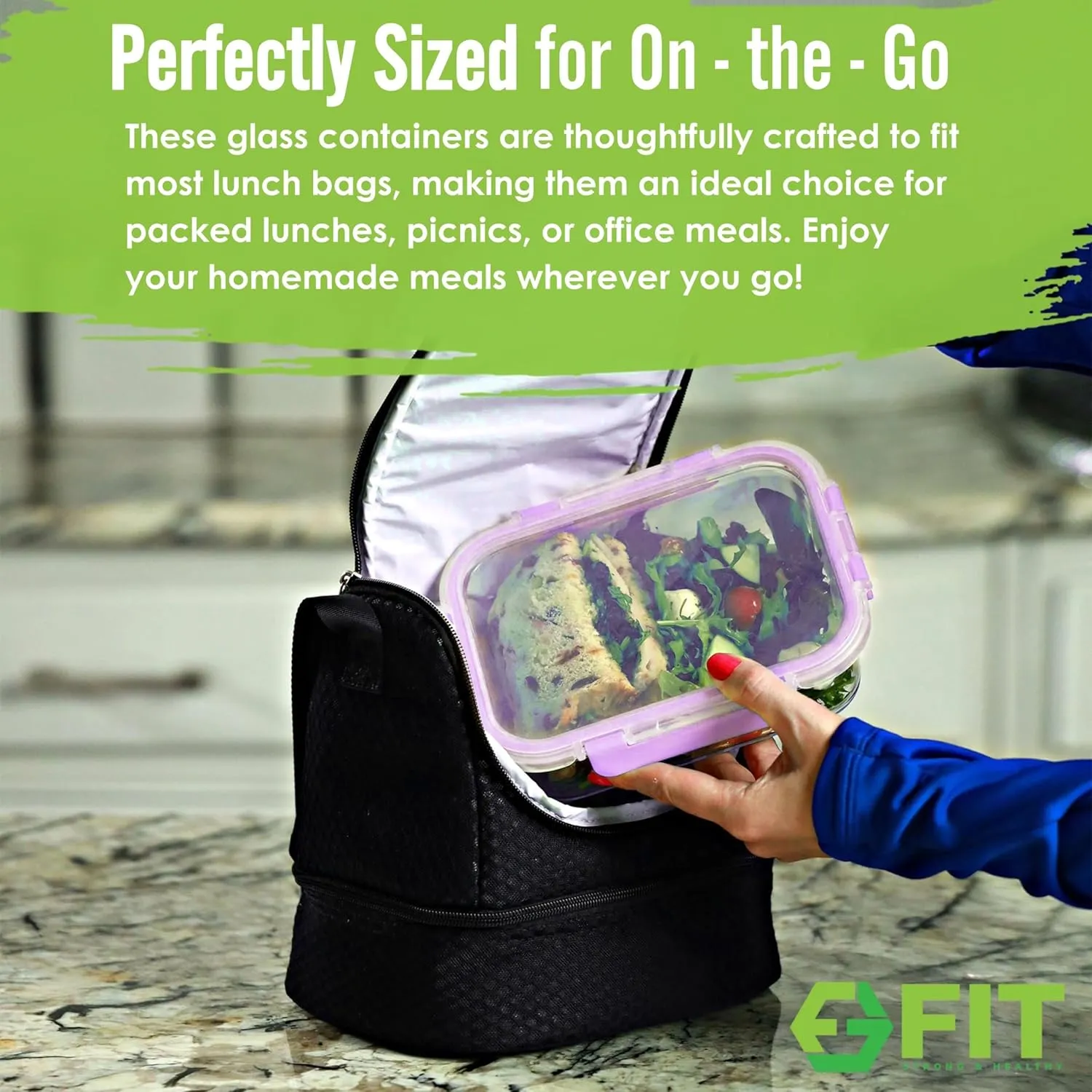 FIT Strong & Healthy 2 & 3 Compartment Glass Meal Prep Containers – Glass Bento Box for Adults, Portion Control, Food Storage, Lunch Container, Oven & Freezer Safe, Leak-Proof, 32 oz, Lavender, 4 Pack