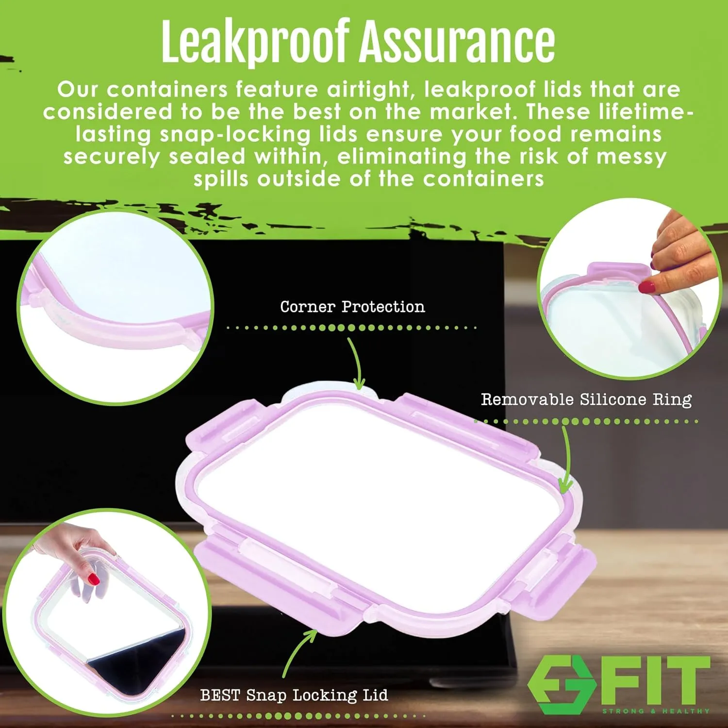FIT Strong & Healthy 2 & 3 Compartment Glass Meal Prep Containers – Glass Bento Box for Adults, Portion Control, Food Storage, Lunch Container, Oven & Freezer Safe, Leak-Proof, 32 oz, Lavender, 4 Pack