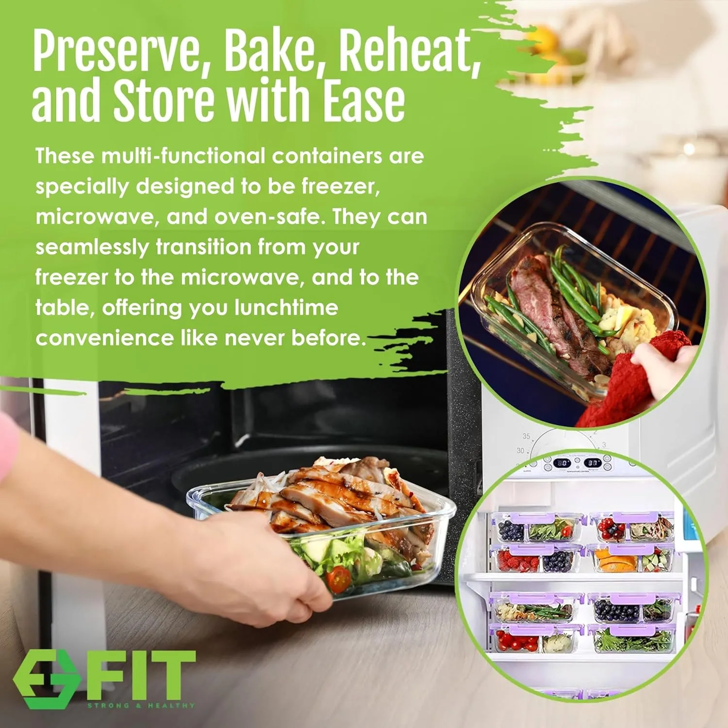 FIT Strong & Healthy 2 & 3 Compartment Glass Meal Prep Containers – Glass Bento Box for Adults, Portion Control, Food Storage, Lunch Container, Oven & Freezer Safe, Leak-Proof, 32 oz, Lavender, 4 Pack