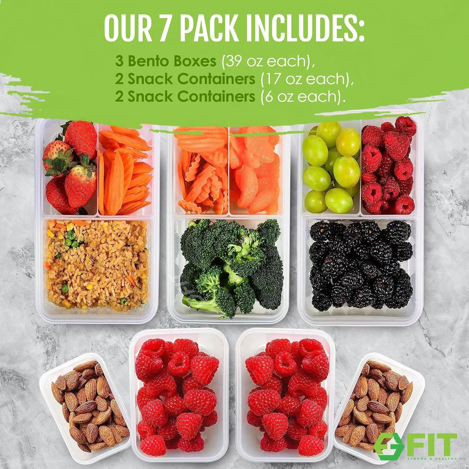 FIT Strong & Healthy Bento Lunch Box & Meal Prep Containers w/Compartments & Airtight Lid - Food & Snack Storage for Adults & Kids, Microwave, Freezer, & Dishwasher Safe, Reusable, Multi-Size, 7 Pack
