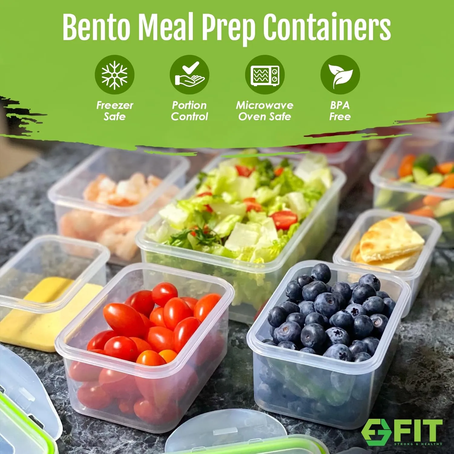 FIT Strong & Healthy Bento Lunch Box & Meal Prep Containers w/Compartments & Airtight Lid - Food & Snack Storage for Adults & Kids, Microwave, Freezer, & Dishwasher Safe, Reusable, Multi-Size, 7 Pack