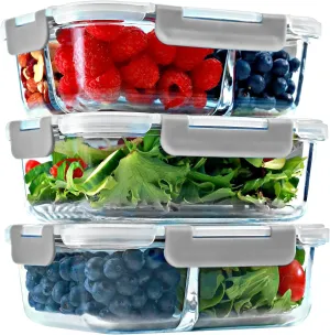 FIT Strong & Healthy Meal Prep Containers Glass, 1 & 2 & 3 Compartments – Portion Control Bento Box Adult, Glass Lunch Containers with Lids, Oven & Freezer Safe Bento Box Glass, 35 oz, Gray, 3 Pack