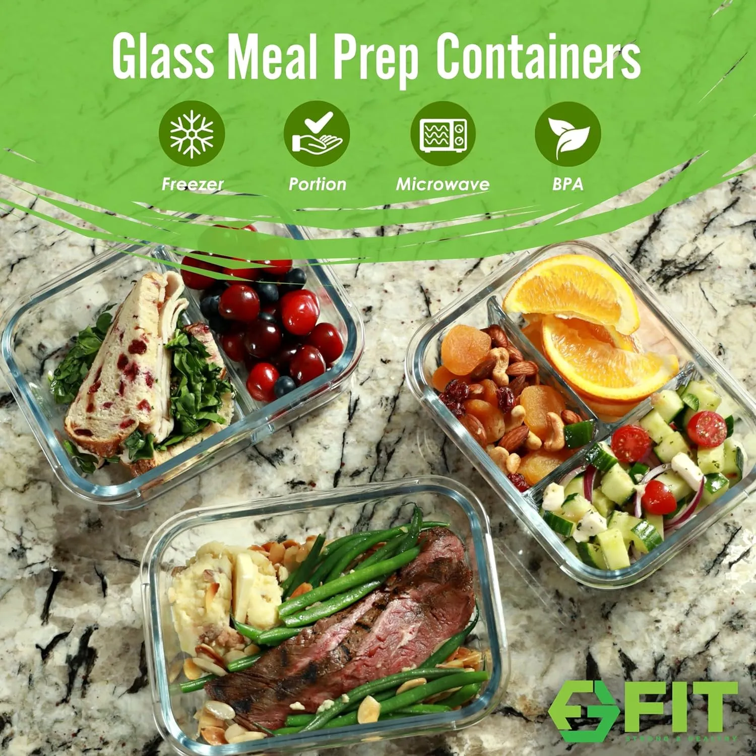 FIT Strong & Healthy Meal Prep Containers Glass, 1 & 2 & 3 Compartments – Portion Control Bento Box Adult, Glass Lunch Containers with Lids, Oven & Freezer Safe Bento Box Glass, 35 oz, Gray, 3 Pack