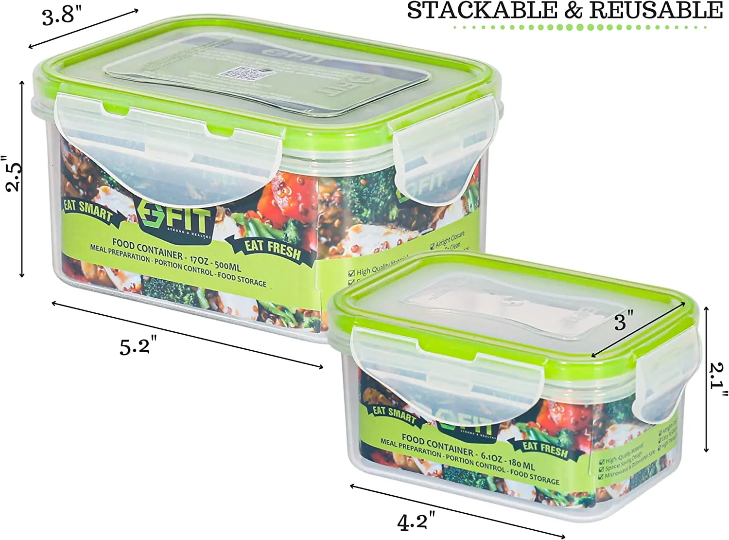 FIT Strong & Healthy  Small Stackable Snack Containers (12 Pack: 6 x 17oz   6 x 6oz) - Small Food Containers with lids, Plastic Containers, Portion Control containers, Kids Food Containers, Snack Containers for Adults