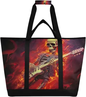 Flame Skull Playing Guitar Reusable Insulated Lunchbox Cooler Bag, Leakproof Kitchen Grocery Bag Collapsible Portable Cooler Tote Bag for Picnic, Camping, Office, Travel