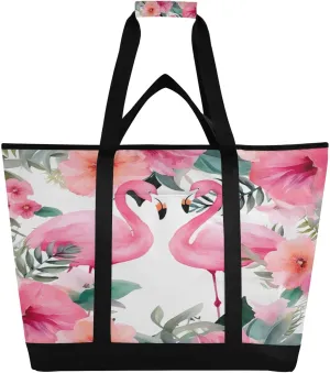 Flamingos Palm Flower Reusable Insulated Lunchbox Cooler Bag, Leakproof Kitchen Grocery Bag Collapsible Portable Cooler Tote Bag for Picnic, Camping, Office, Travel