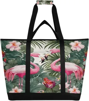 Flamingos Palm Flower Reusable Insulated Lunchbox Cooler Bag, Leakproof Kitchen Grocery Bag Collapsible Portable Cooler Tote Bag for Picnic, Camping, Office, Travel