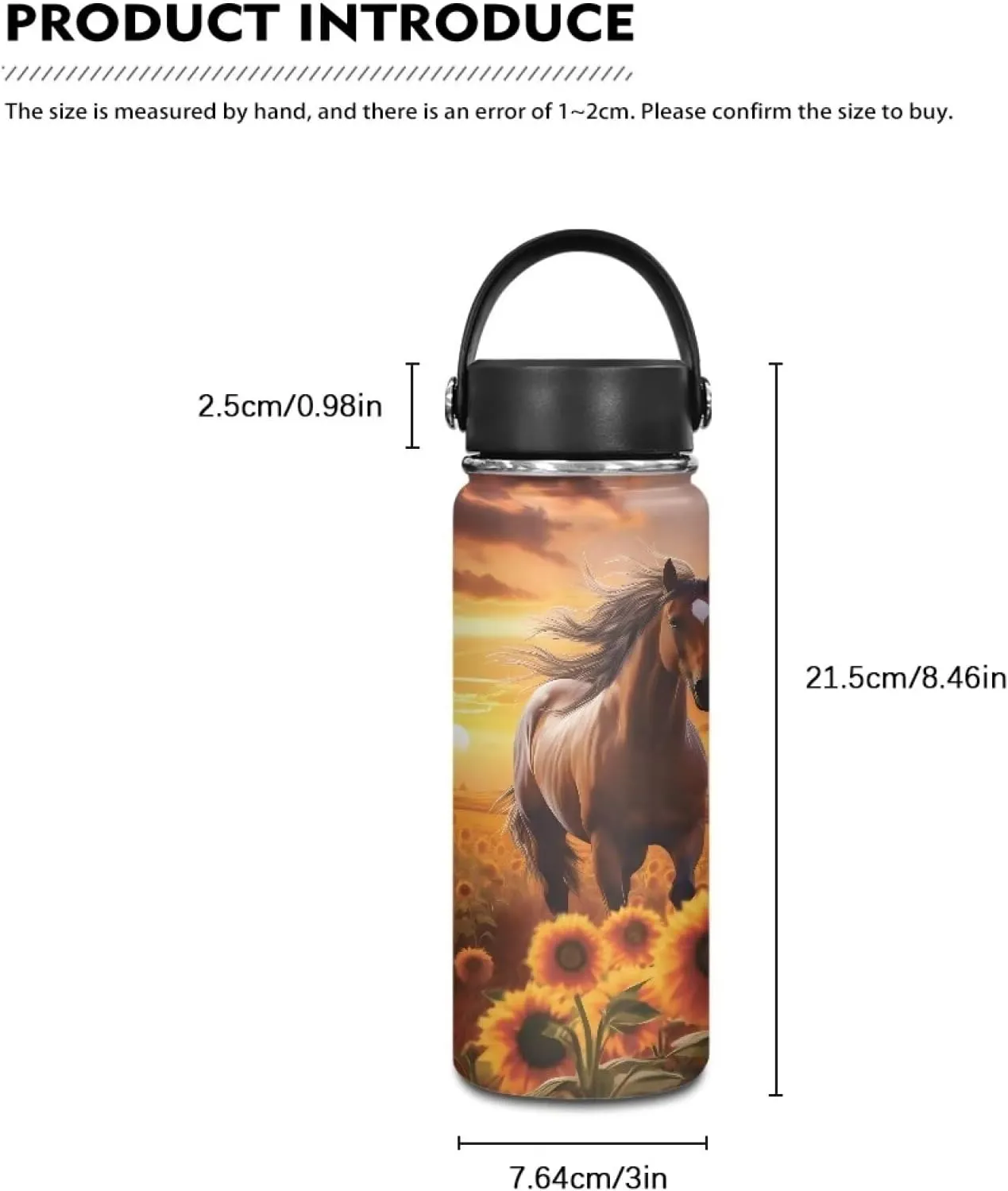 Flashideas Sunflower Horse Insulated Water Bottle and Lightweight Vacuum Insulated Flask Safe Stainless Steel Water bottle Keep Cold 24 Hour Hot 12 Hour 18oz