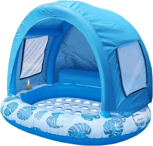 Floating Island Pool Float with Canopy,2-Person Extra Large Inflatable Water Float,UPF50  Sun Protection,Built-in Cup Holders,Blue,70" x 60"