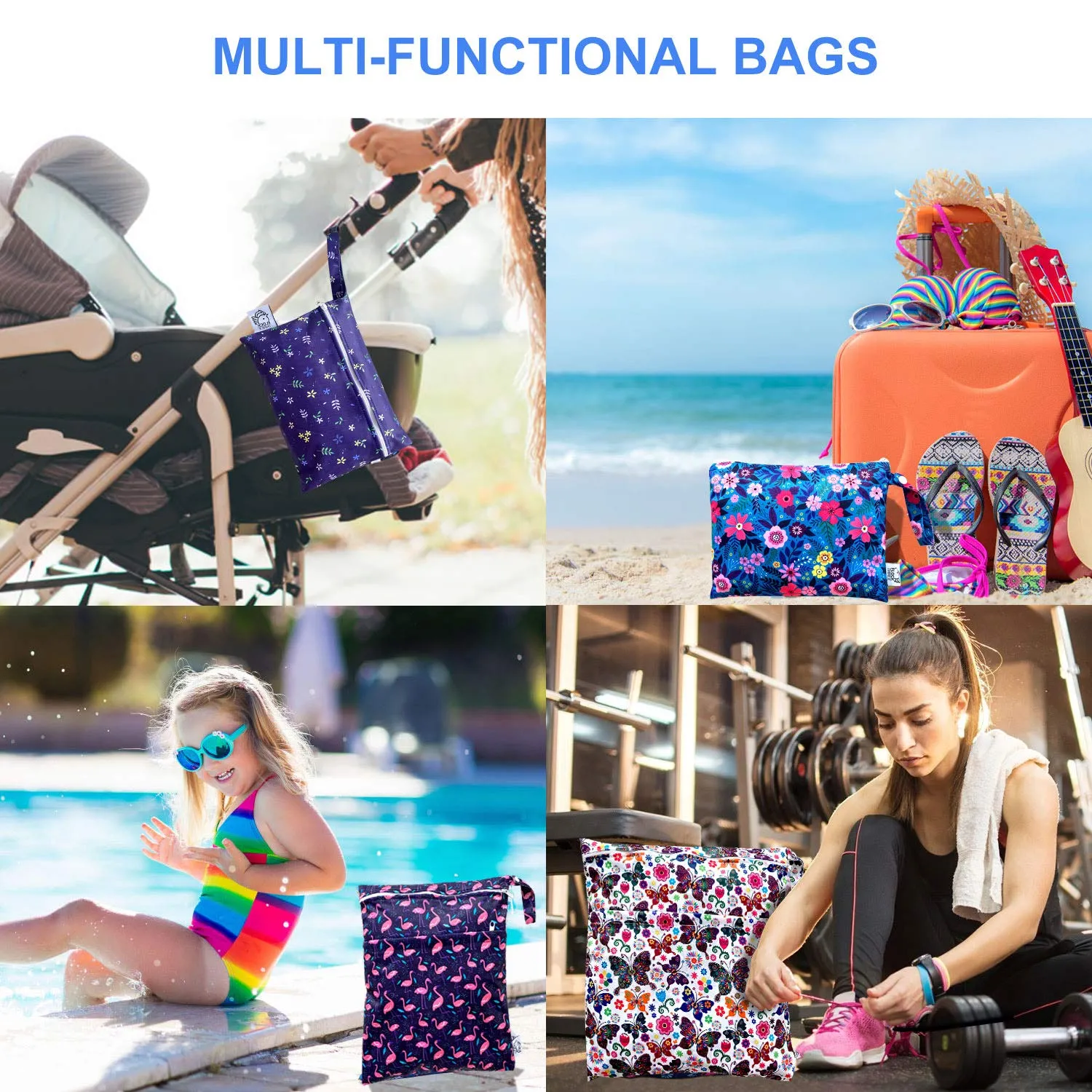FLOCK THREE 4pcs Waterproof Wet Bag Reusable for Wet Clothes Baby Diapers Stroller Swimsuit Travel Reusable toiletries Pouch Small and Larger Electronics case 4 Pack (Flower Fantasy)